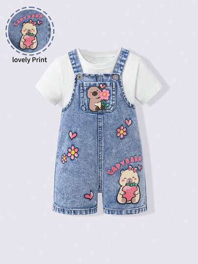 SHEIN Playful Pals Quần yếm denim cho bé gái, họa tiết hoa, trái tim và hình hoạt hình chuột lang nước, dây đeo có thể điều chỉnh, thích hợp cho các hoạt động hàng ngày, công viên, dã ngoại hoặc các hoạt động gia đình.