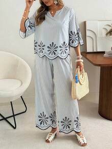 Ceyna Bộ đồ hai mảnh phong cách Boho nữ màu xanh trắng kẻ sọc, họa tiết lượn sóng, áo sơ mi cổ chữ V và quần dài. - Xanh và trắng - Xem 6