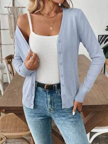 Áo khoác cardigan dài tay ôm sát màu trơn cài nút phía trước thanh lịch dành cho nữ - Màu xanh nhạt - Xem 4