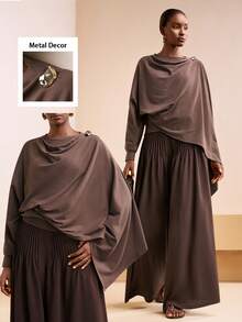 Zivah Women's Elegant Coffee Brown Long-Sleeve T-Shirt,Autumn Asymmetrical Cape-Style Loose-Fit Knit Top,Commuter-Style For Dining,Parties,Formal Occasions - Coffee Brown - View 2