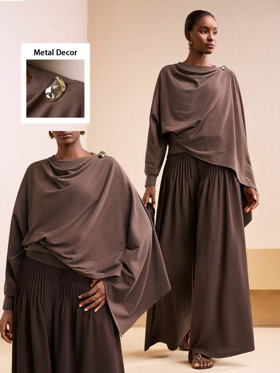 Zivah Women's Elegant Coffee Brown Long-Sleeve T-Shirt,Autumn Asymmetrical Cape-Style Loose-Fit Knit Top,Commuter-Style For Dining,Parties,Formal Occasions