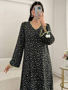 Yasmyna 女士印花宽松长袖阿拉伯连衣裙 - 黑色 - 查看 8