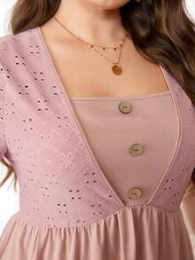 Lacomfia 女士弹力提花短袖二合一收腰A字休闲舒适大码T恤 - 粉色 - 查看 6