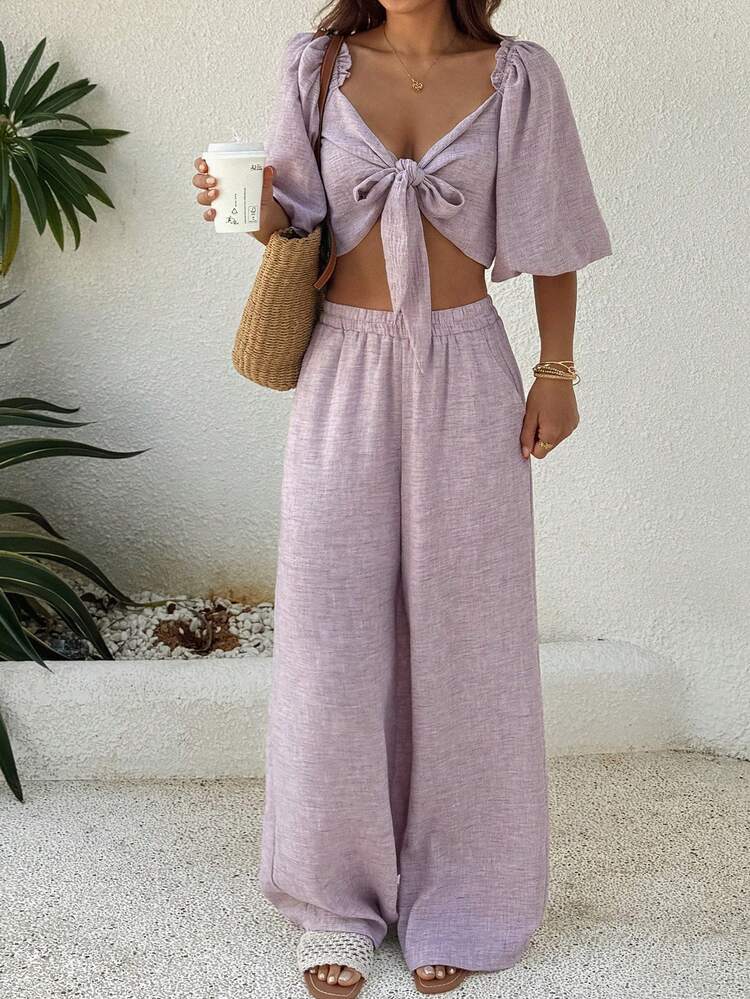 Women's Solid Color Knotted Design Ruched Lantern Sleeve Top And Wide Leg Pants Casual 2-Piece Set, Suitable For Daily Wear, Dates And Outings
