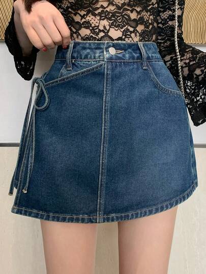 DAZY Women's Solid Color Wrap Tie Waist Fashion Summer Denim Skirt With Belt Loop
