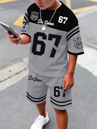 Spring And Summer Tween Boys' Casual Fashion Creative Personalized Refreshing Minimalist Stylish 67 Badge Five-Pointed Star Stripe Black & Gray Graphic Letter Slogan Print Casual Basic Short T-Shirt And Shorts Set, Comfortable Daily Wear, Cozy Summer Styles Suitable For Spring And Summer Boys