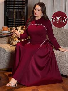 Modelyn 珠饰水钻点缀 A 字型喇叭拼接优雅大码正式礼服 - 酒紅色 - 查看 11
