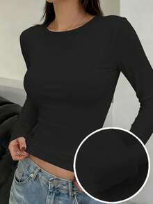 FRIFUL Women's Solid Color Round Neck Fitted Casual Long Sleeve T-Shirt - Black - View 5