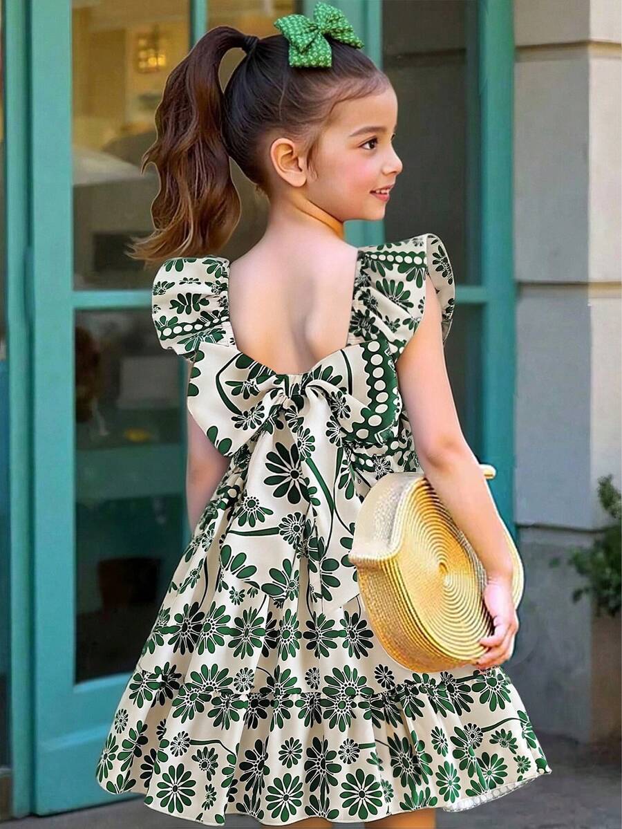 SHEIN Elladie kids 少女热带度假风荷叶边蝴蝶结装饰连衣裙,编织款,假日,夏季,旅行 - 綠色 - 查看 1