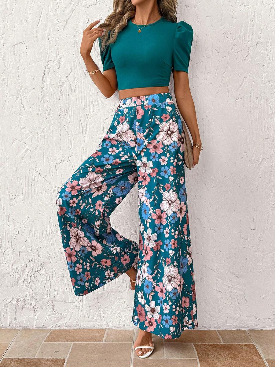 SHEIN Clasi 女士绿色碎花套装，优雅适合度假、外出和派对穿着，春夏款 - 綠色 - 查看 1