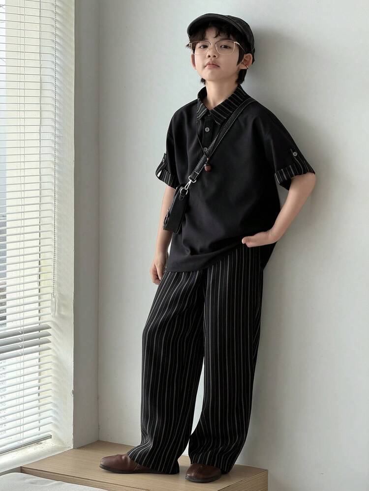 Tween Boy Striped Patchwork Short Sleeve Shirt And Pants Casual Outfit Summer