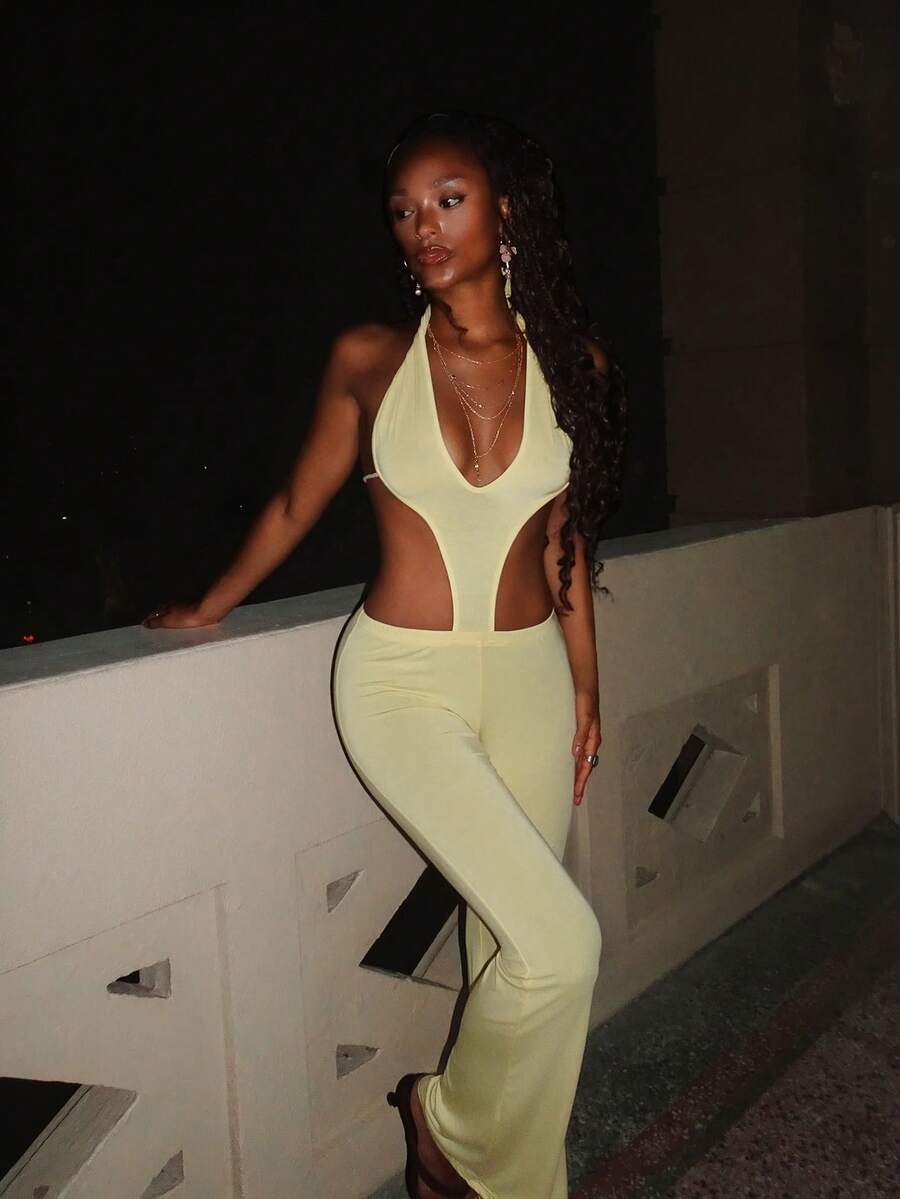 EgrlEra 女士时尚黄色深V领连体裤 - 黃色 - 查看 1