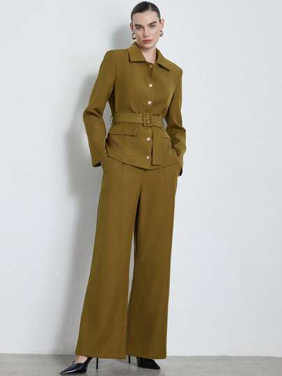 Aveloria Modichic Olive Green Women's Suit Set, Crisp Fabric, Boxy Top + Wide-Leg Pants, Metal Buttons, Belt, Lapel, Large Pockets, Fusion Of Cargo Style And Urban Minimalist Styles, Power Suit, New Neutral, Quiet Luxury, Functional Chic, Suitable For Workplace Commute, Business Meetings, Formal Dinners, Urban Styling