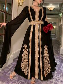 DAZY 2pcs Women's Middle Eastern Dubai Arabic Style Dress With Ribbon Trim - Black - View 2