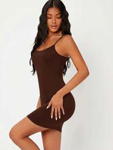SHEIN BASICS 纯色吊带修身休闲晚宴约会连衣裙 - 棕色 - 查看 5