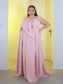 Pretty and Ole Große Größen Elegantes romantisches Partykleid mit asymmetrischer Schulter und Schleife in Taillengröße für Damen, A-Linie, geeignet für Partys, Hochzeitsgäste, Brautjungfern, Herbst/Winter - Pink - Übersicht 1