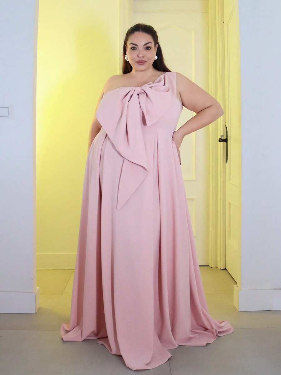 Pretty and Ole Große Größen Elegantes romantisches Partykleid mit asymmetrischer Schulter und Schleife in Taillengröße für Damen, A-Linie, geeignet für Partys, Hochzeitsgäste, Brautjungfern, Herbst/Winter - Pink - Übersicht 1