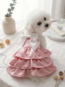 PETSIN 粉色缎面宠物连衣裙，配白色大蝴蝶结 - 荷叶边多层小狗裙，适合小型犬/猫，可爱的情人节服装 - 粉白 - 查看 1