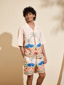 Felipe Marques 男士夏威夷棕榈树印花衬衫短裤套装，夏季度假 - 彩色 - 查看 3