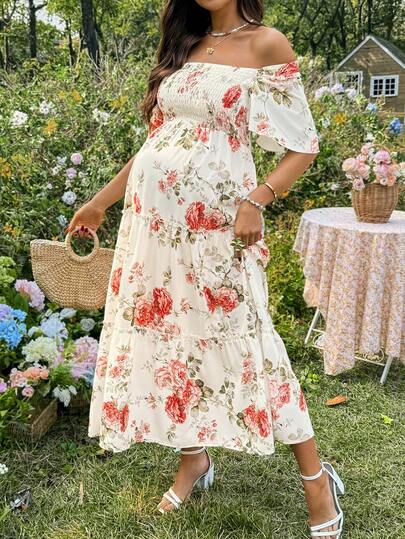 SHEIN Maternity Floral Print Off Shoulder Shirred Bodice Tiered Hem Dress, Summer Vacation Style