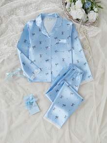 2件套女童塔夫绸蝴蝶结印花蕾丝边长袖上衣和长裤睡衣套装，春夏款 - 淺藍色 - 查看 5