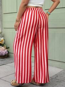 Vionelle 大码女式休闲度假通勤撞色条纹印花系带宽松阔腿裤 - 紅色 - 查看 3