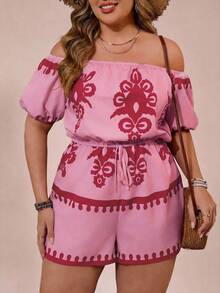 SHEIN VCAY Mono de hombros descubiertos minimalista y estampado para uso diario en tallas grandes - Rosa - Ver 3
