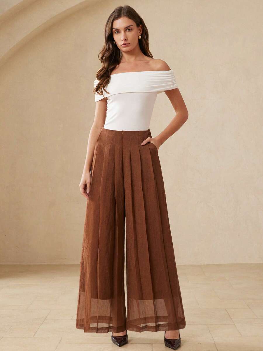 Aveloria Rosie 女士优雅通勤高腰宽松阔腿裤，免熨烫 - 棕色 - 查看 1