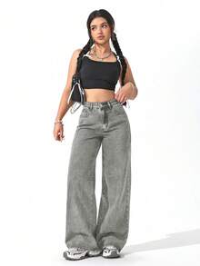 SHEIN ICON 女士带口袋阔腿宽松休闲百搭牛仔裤 - 淺色水洗藍 - 查看 4