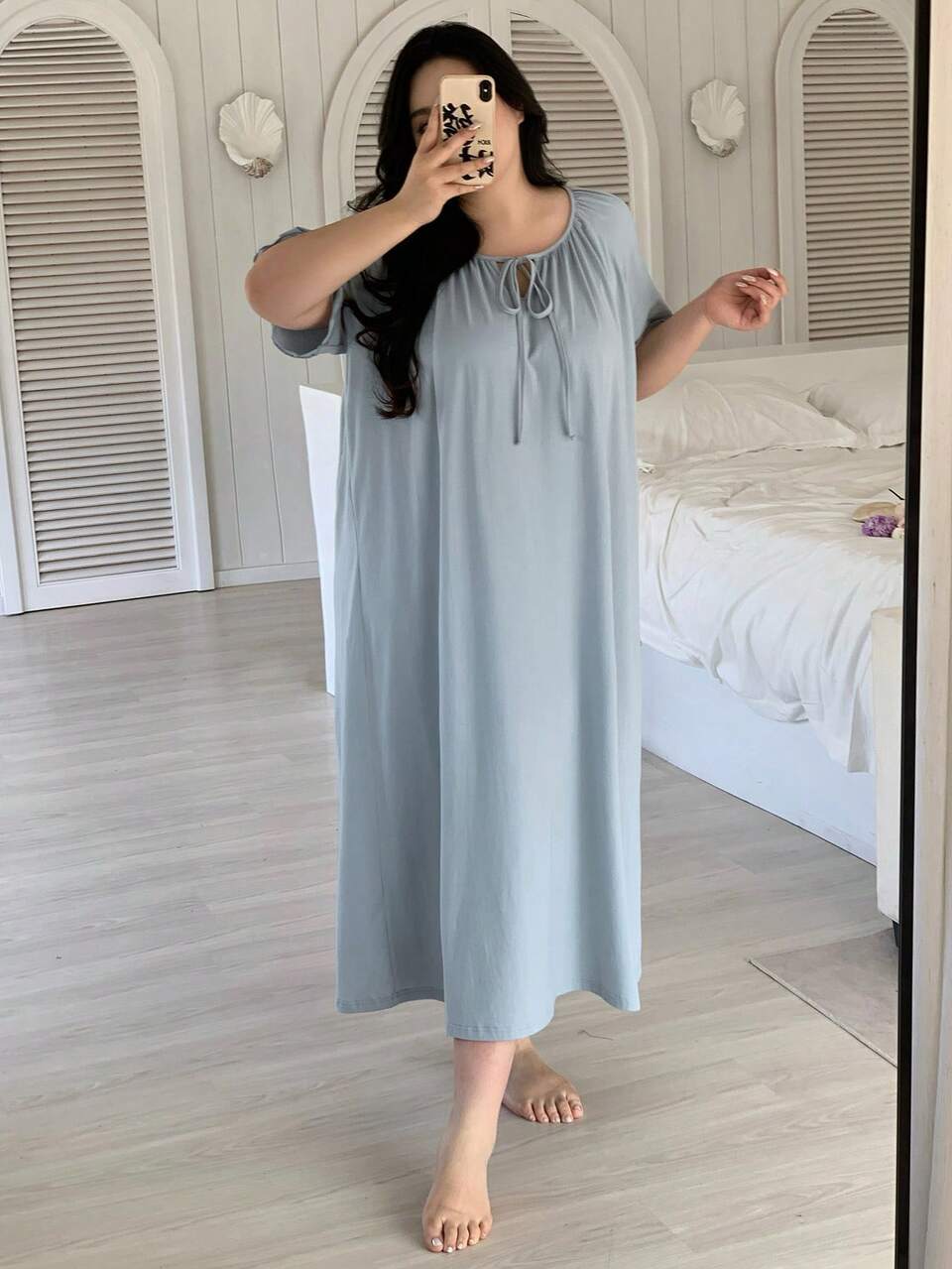 Dazy Plus Plus Size Solid Color Twist Ruched Round Neck Casual Short Sleeve Nightgown Summer Pajamas