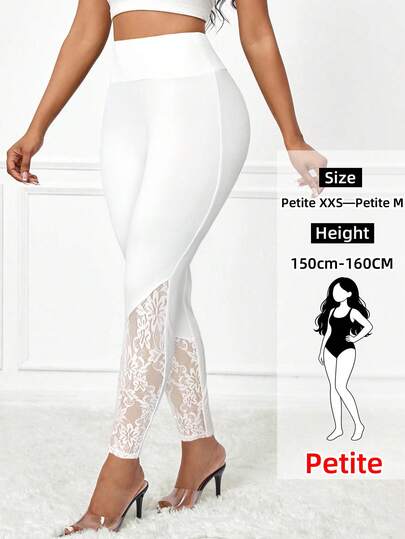 SHEIN Lady Petite Petite Women Eleglant Solid Color Lace Patchwork Leggings Pants For Women Petite