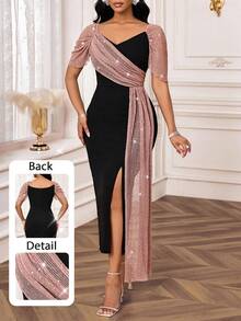 SHEIN Lady Petite Abito elegante da donna di taglia petite, con scollo a cuore, maniche corte a raglan, con paillettes, in rete, con volant laterali e spacco, in colori a contrasto - nero - Visualizzare 11