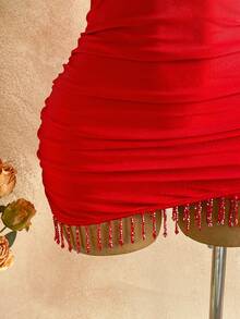 Soleia Women's Vacation Casual Fringe Hem Spaghetti Strap Mini Dress - Cherry Red - View 4