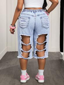 Slaydiva 大码女式高腰口袋做旧毛边七分牛仔裤 - 藍色 - 查看 2