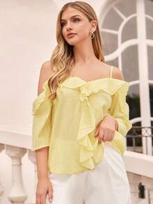 Amorya Áo hai dây trễ vai xếp ly thanh lịch mới dành cho nữ, màu vàng trơn, thích hợp mặc hàng ngày. - Màu vàng - Xem 4