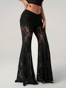 SHEIN ICON Women's Lace Low Waist Front Ruched Flare Pants, Sheer Sexy For Outing - Black - View 5
