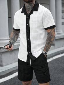 Manfinity CasualCool 男士夏季休闲撞色滚边衬衫和短裤套装 - 黑與白 - 查看 1
