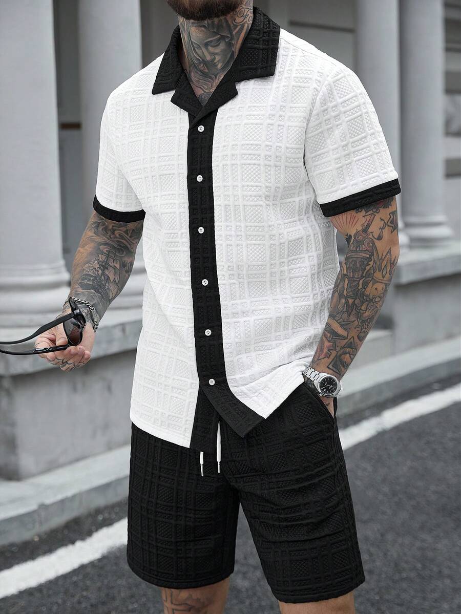 Manfinity CasualCool 男士夏季休闲撞色滚边衬衫和短裤套装 - 黑與白 - 查看 1