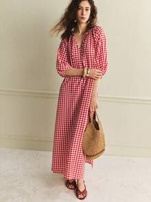 Écloséra 2016新款休闲优雅复古简约宽松红白格纹V领系带袖七分袖连衣裙，女款，春夏款 - 玫瑰紅 - 查看 4