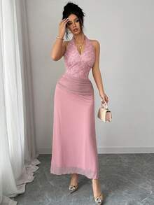 Modelyn Vestido elegante de mujer con parches de malla y jacquard de rosa - Rosa - Ver 5