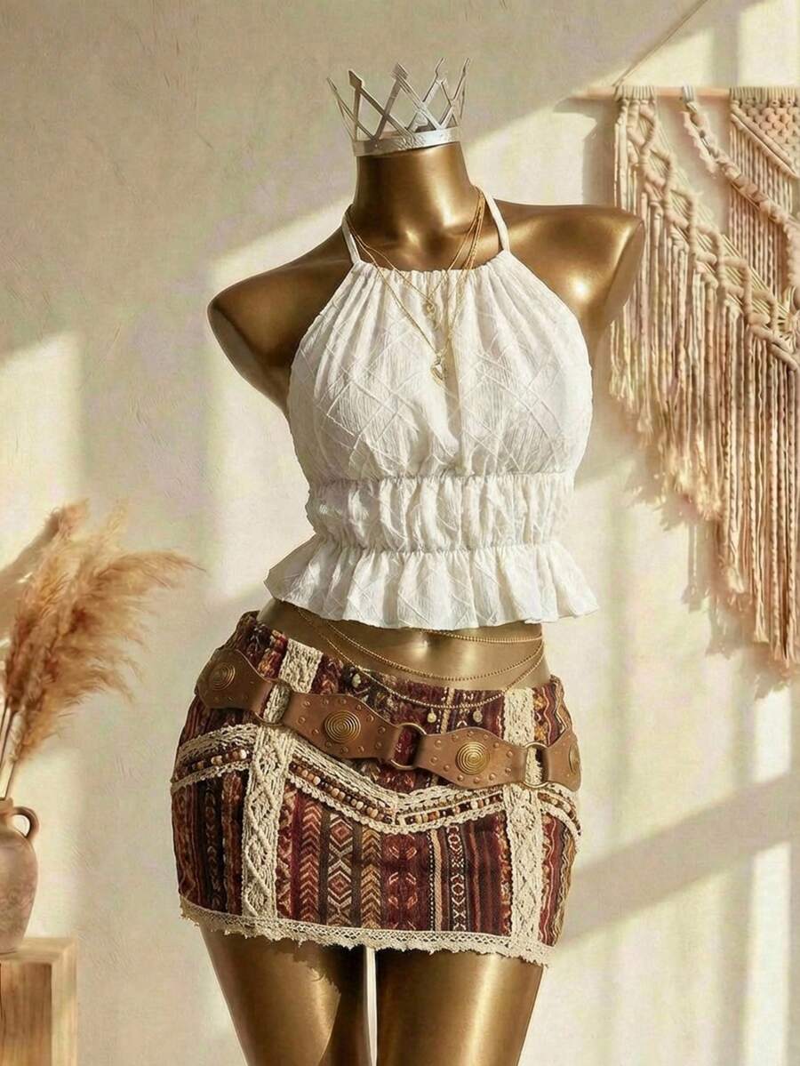 Elin Vora 杏色露背系带细肩带褶皱性感短款上衣，户外穿着 - 杏色 - 查看 1