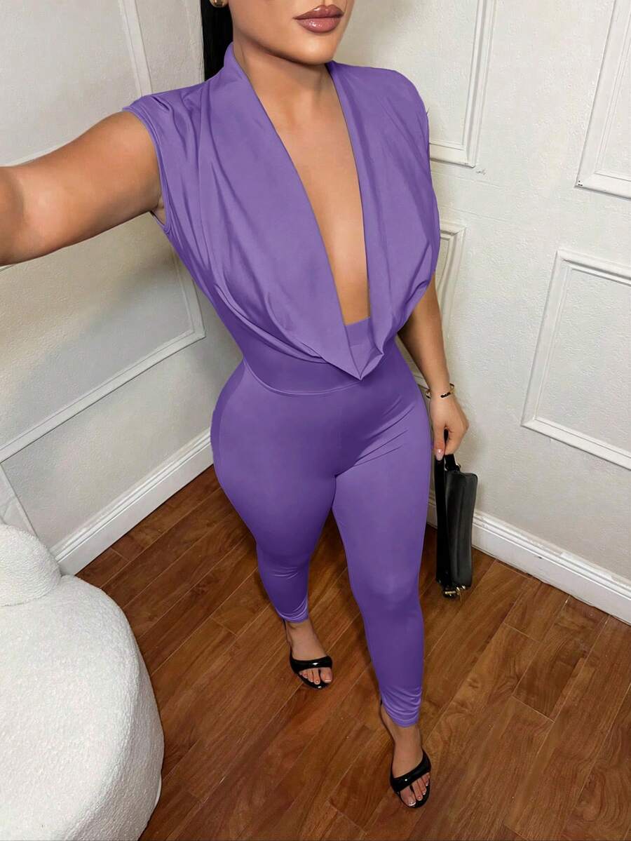 SHEIN SXY 性感纯色深V领露背无袖连体裤 - 紫色 - 查看 1