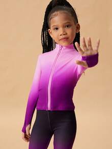 SHEIN 2pcs/Set Girls Sports Outfit, Elastic Fitted Zip-Up Jacket And High Waist Skinny Sports Pants, Suitable For Yoga, Tennis, Badminton, Outdoor Activities And Daily Training - Violet Purple - View 2