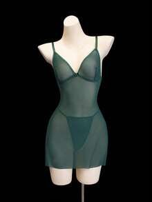 SHEIN 2pcs/Set Women's Sexy Non-Wired Mesh Bra And Spaghetti Strap Slip Set - Dark Green - View 3