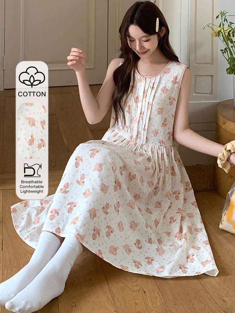 Summer Sweet Floral Cat & Dog Print Pleated Sleeveless Women Nightgown
