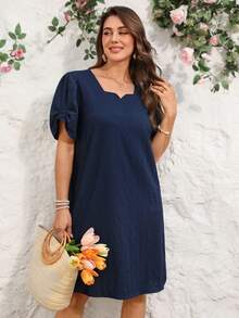 Miaspire 大码女士休闲优雅通勤纯色藏蓝色迷你连衣裙，春夏款 - 藏蓝色 - 查看 5