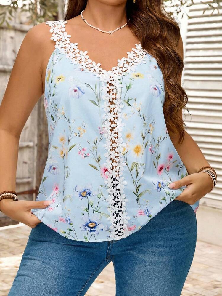 Plus Size V-Neck Floral Print Tank Top, Casual For Vacation,Vacation Woman Summer For Women Office Wear, Vacation Woman, Summer For Women Festival Boho,Holiday