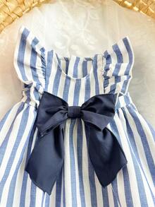 新生女宝宝可爱休闲度假蓝白条纹蝴蝶结装饰连衣裙 - 藍色 - 查看 6