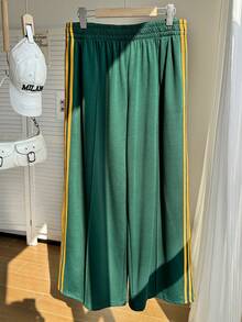 Comfortcana Plus Size Striped Elastic Waist Straight Loose Casual Pants Green Track Pants Women's Track Pants - Green - View 2