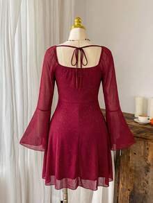 CovetEZ Flared Hem Burgundy Short Plus Size Dress With Ruched Bust And Extra-Long Flare Sleeves For Elegant Women - Burgundy - View 2